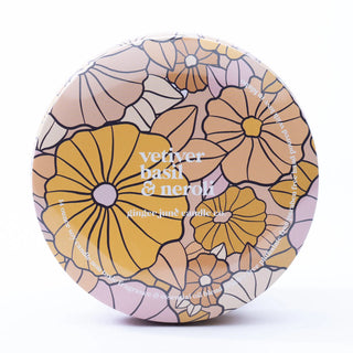 Floral Tin Soy Candle: Vetiver + Basil + Neroli