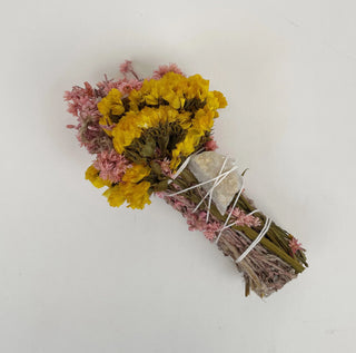 Yellow & Pink Floral Smudge Wand with Quartz Crystal